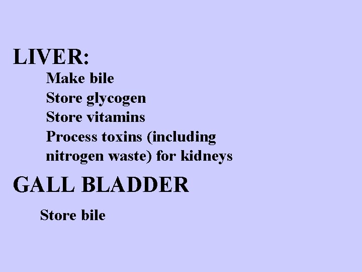 LIVER: Make bile Store glycogen Store vitamins Process toxins (including nitrogen waste) for kidneys