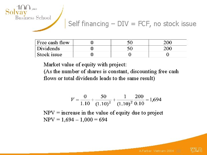 Self financing – DIV = FCF, no stock issue Market value of equity with