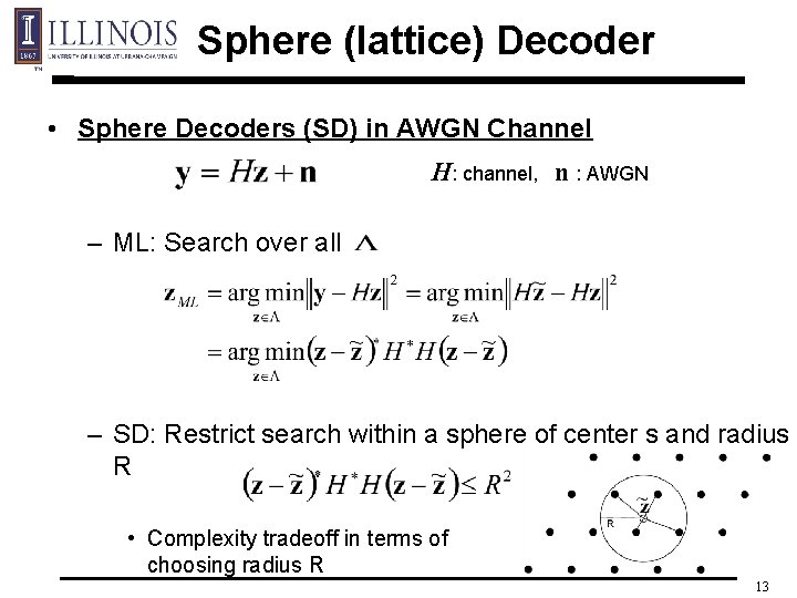 Sphere (lattice) Decoder • Sphere Decoders (SD) in AWGN Channel H: channel, n :