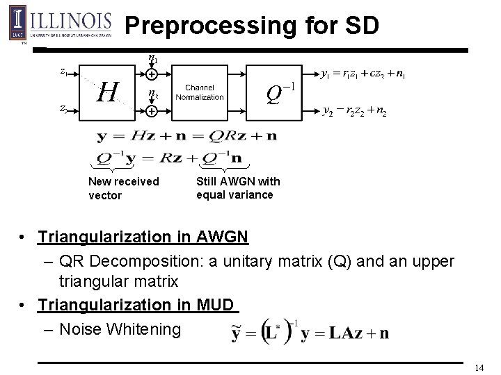 Preprocessing for SD New received vector Still AWGN with equal variance • Triangularization in