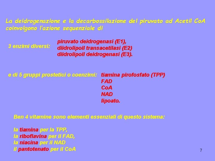 La deidrogenazione e la decarbossilazione del piruvato ad Acetil Co. A coinvolgono l’azione sequenziale