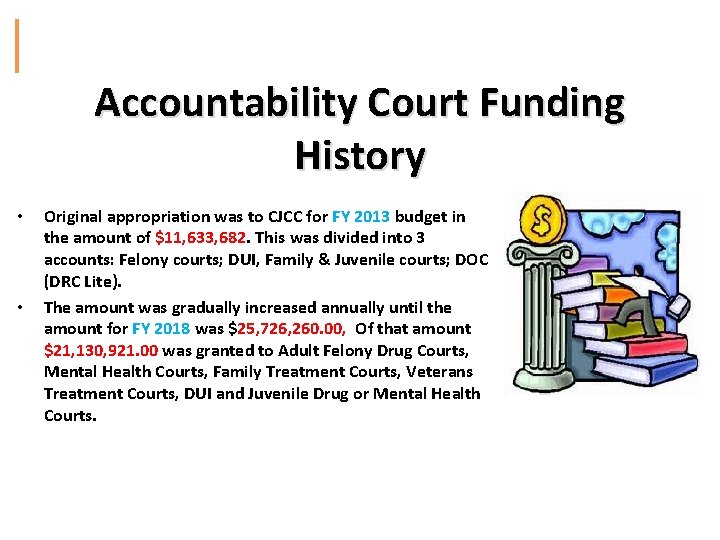Accountability Court Funding History • • Original appropriation was to CJCC for FY 2013