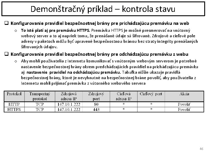 Demonštračný príklad – kontrola stavu q Konfigurovanie pravidiel bezpečnostnej brány pre prichádzajúcu premávku na