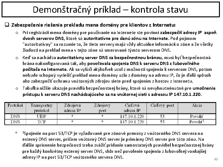 Demonštračný príklad – kontrola stavu q Zabezpečenie riešenia prekladu mena domény pre klientov z