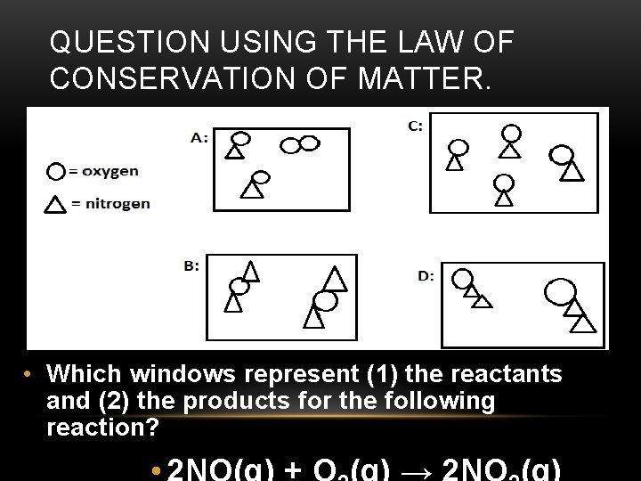 QUESTION USING THE LAW OF CONSERVATION OF MATTER. • Which windows represent (1) the