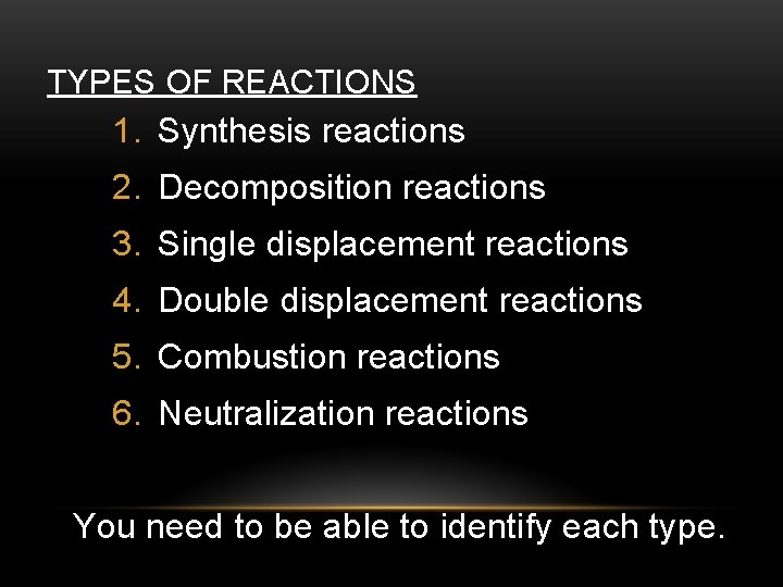 TYPES OF REACTIONS 1. Synthesis reactions 2. Decomposition reactions 3. Single displacement reactions 4.
