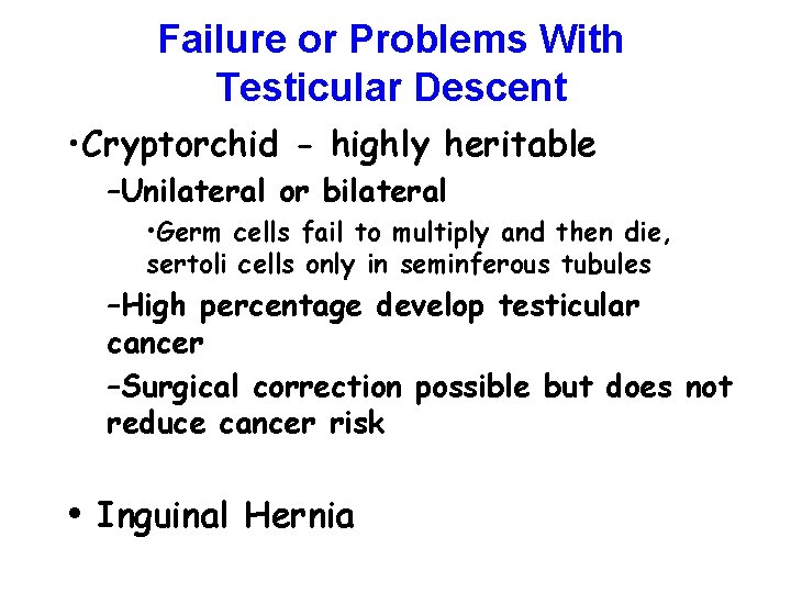 Failure or Problems With Testicular Descent • Cryptorchid - highly heritable –Unilateral or bilateral