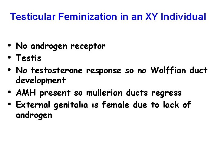 Testicular Feminization in an XY Individual • • • No androgen receptor Testis No