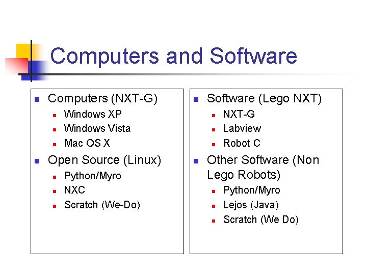 Computers and Software n Computers (NXT-G) n n Windows XP Windows Vista Mac OS
