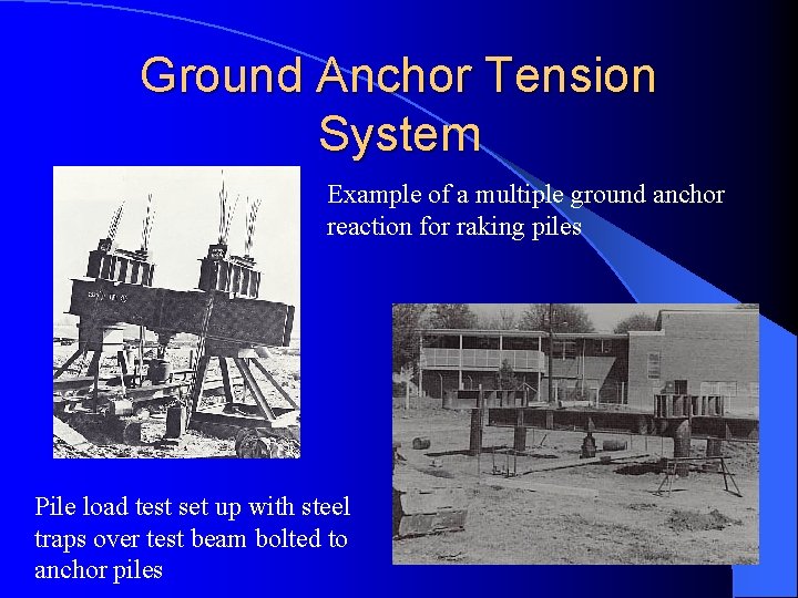 Ground Anchor Tension System Example of a multiple ground anchor reaction for raking piles