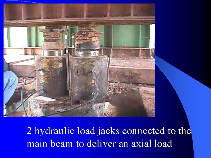 2 hydraulic load jacks connected to the main beam to deliver an axial load