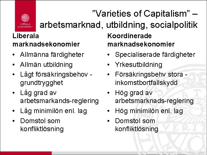 ”Varieties of Capitalism” – arbetsmarknad, utbildning, socialpolitik Liberala marknadsekonomier Koordinerade marknadsekonomier • Allmänna färdigheter