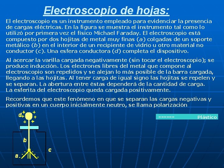 Electroscopio de hojas: El electroscopio es un instrumento empleado para evidenciar la presencia de