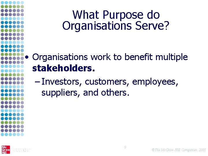 What Purpose do Organisations Serve? • Organisations work to benefit multiple stakeholders. – Investors,
