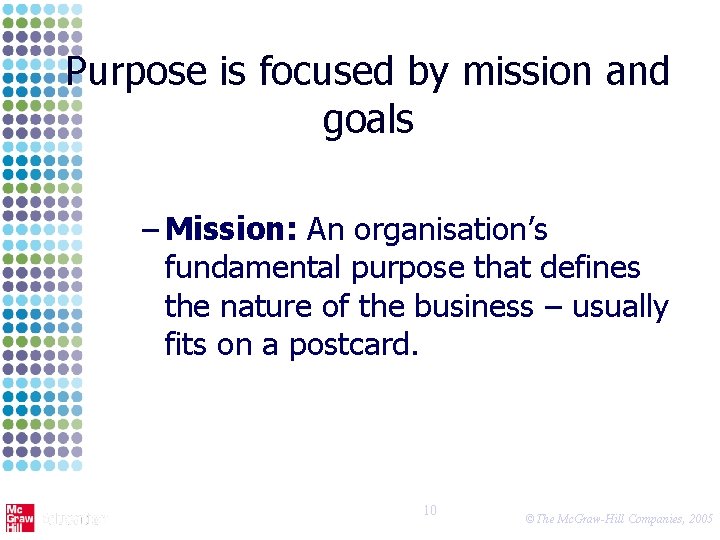 Purpose is focused by mission and goals – Mission: An organisation’s fundamental purpose that