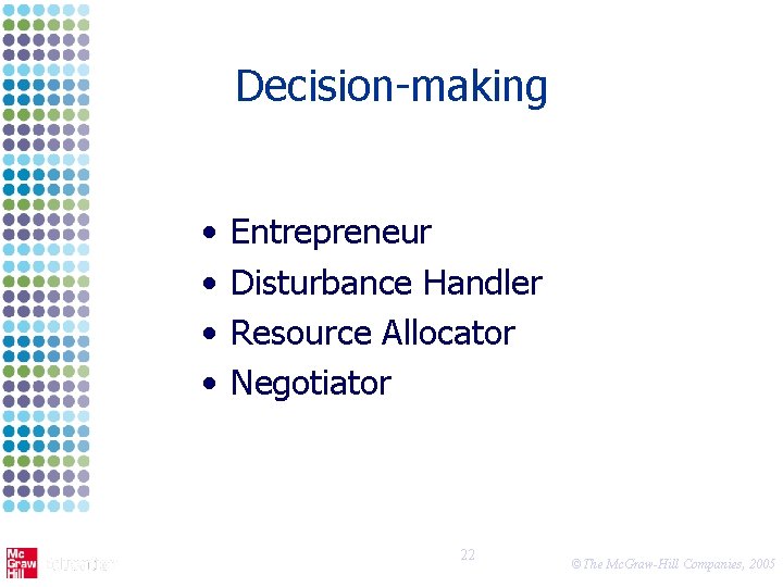 Decision-making • • Entrepreneur Disturbance Handler Resource Allocator Negotiator 22 ©The Mc. Graw-Hill Companies,