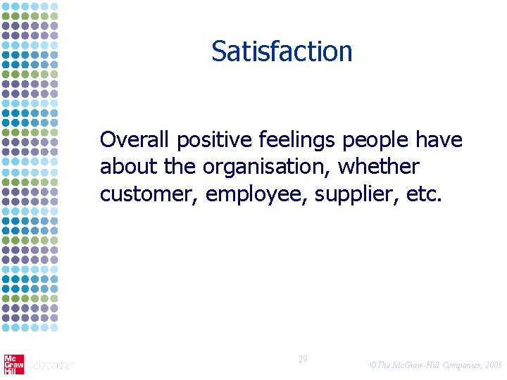 Satisfaction Overall positive feelings people have about the organisation, whether customer, employee, supplier, etc.
