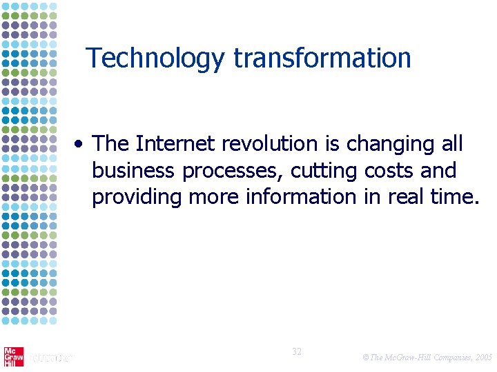 Technology transformation • The Internet revolution is changing all business processes, cutting costs and