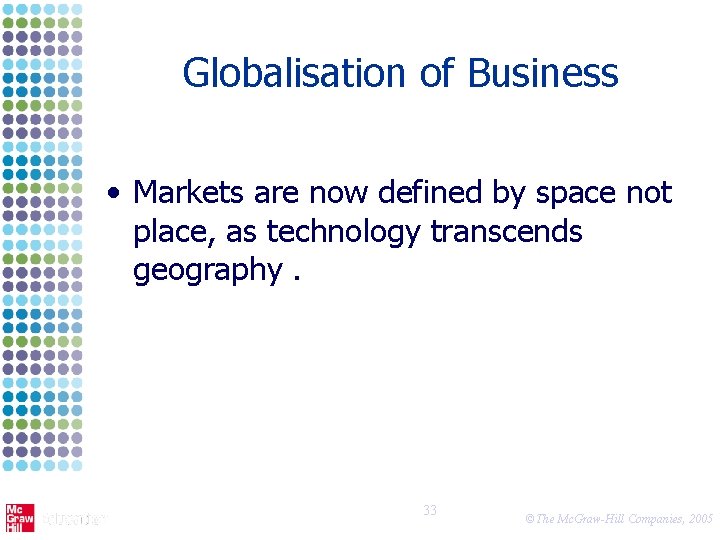 Globalisation of Business • Markets are now defined by space not place, as technology