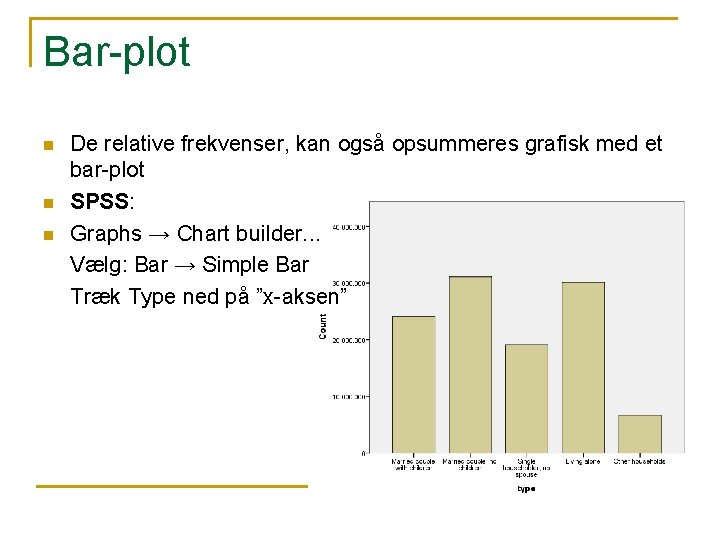 Bar-plot n n n De relative frekvenser, kan også opsummeres grafisk med et bar-plot