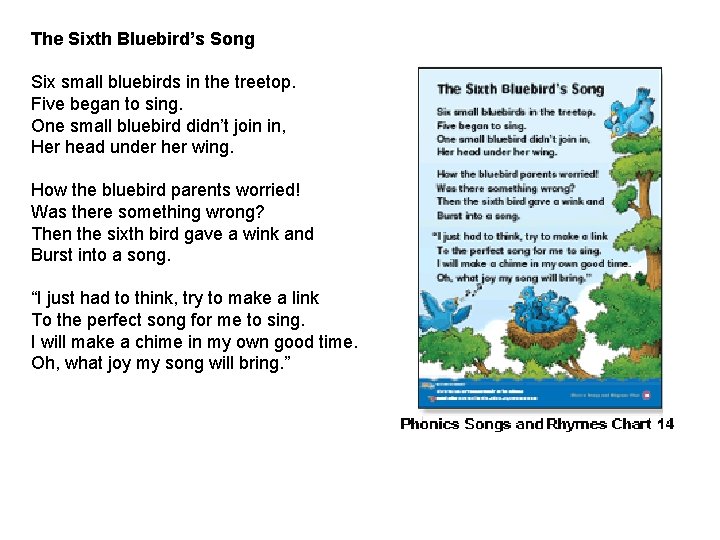 The Sixth Bluebird’s Song Six small bluebirds in the treetop. Five began to sing.