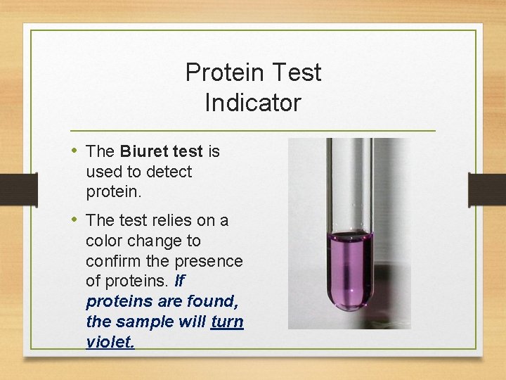 Protein Test Indicator • The Biuret test is used to detect protein. • The
