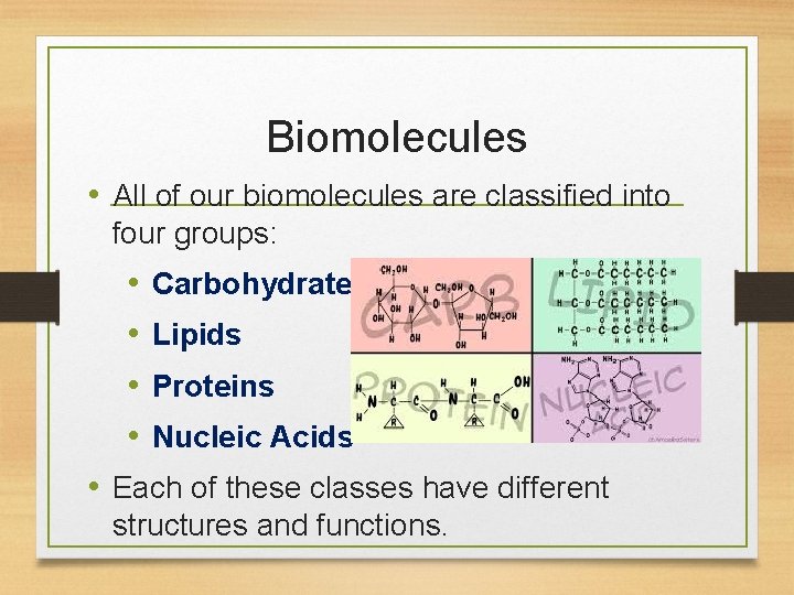 Biomolecules • All of our biomolecules are classified into four groups: • • Carbohydrates