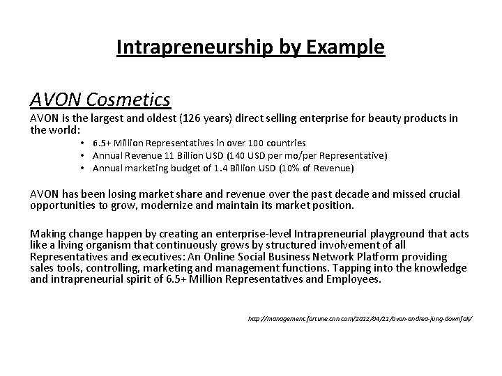 Intrapreneurship by Example AVON Cosmetics AVON is the largest and oldest (126 years) direct