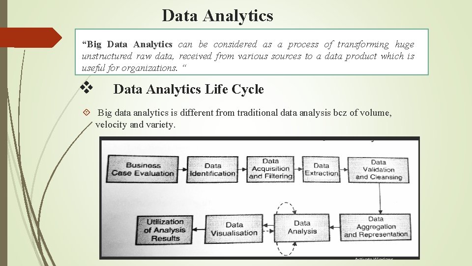 Data Analytics “Big Data Analytics can be considered as a process of transforming huge