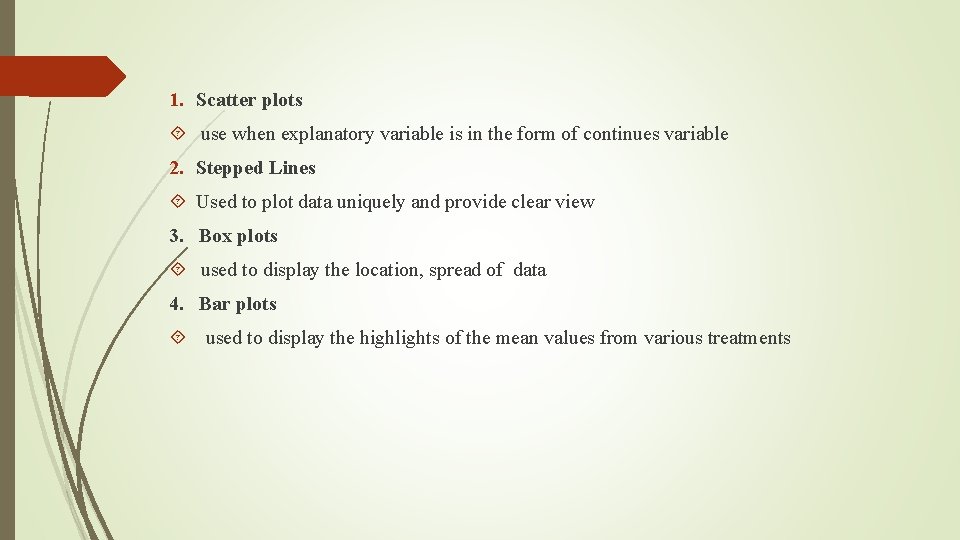 1. Scatter plots use when explanatory variable is in the form of continues variable