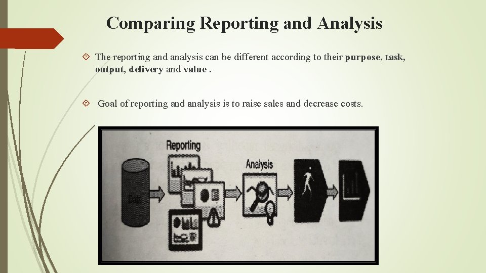 Comparing Reporting and Analysis The reporting and analysis can be different according to their