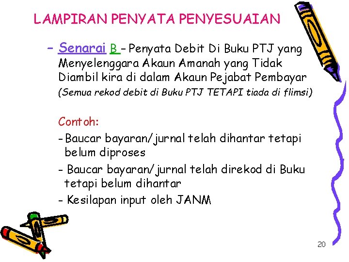 LAMPIRAN PENYATA PENYESUAIAN – Senarai B – Penyata Debit Di Buku PTJ yang Menyelenggara