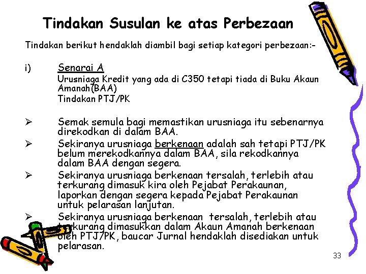 Tindakan Susulan ke atas Perbezaan Tindakan berikut hendaklah diambil bagi setiap kategori perbezaan: i)