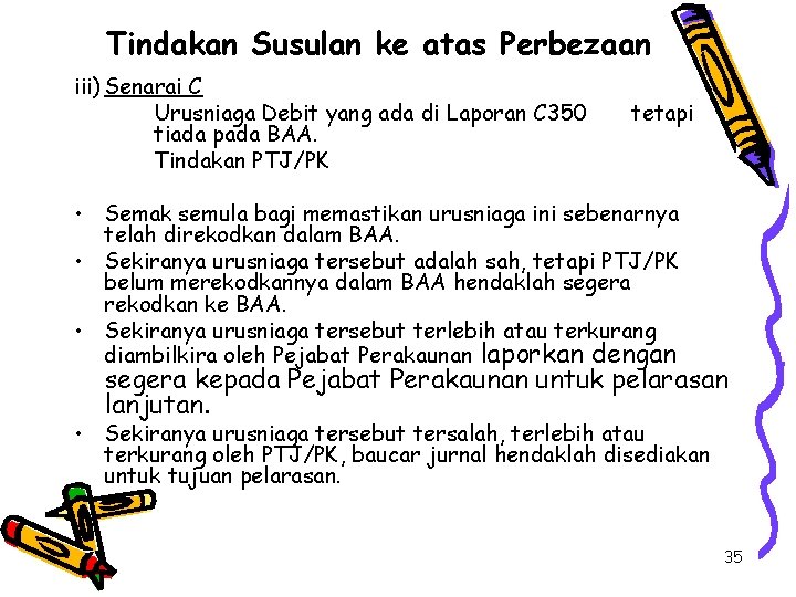 Tindakan Susulan ke atas Perbezaan iii) Senarai C Urusniaga Debit yang ada di Laporan