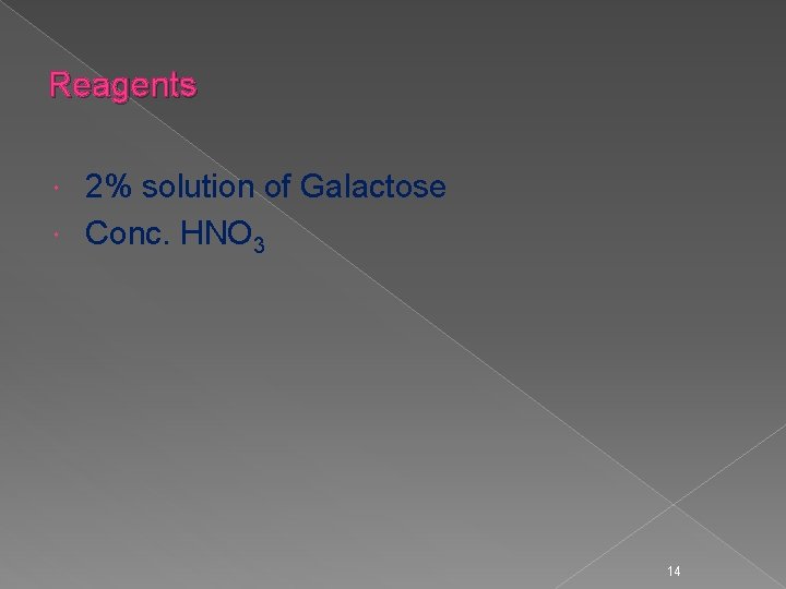 Reagents 2% solution of Galactose Conc. HNO 3 14 