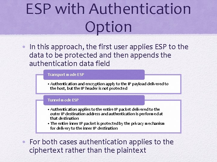 ESP with Authentication Option • In this approach, the first user applies ESP to