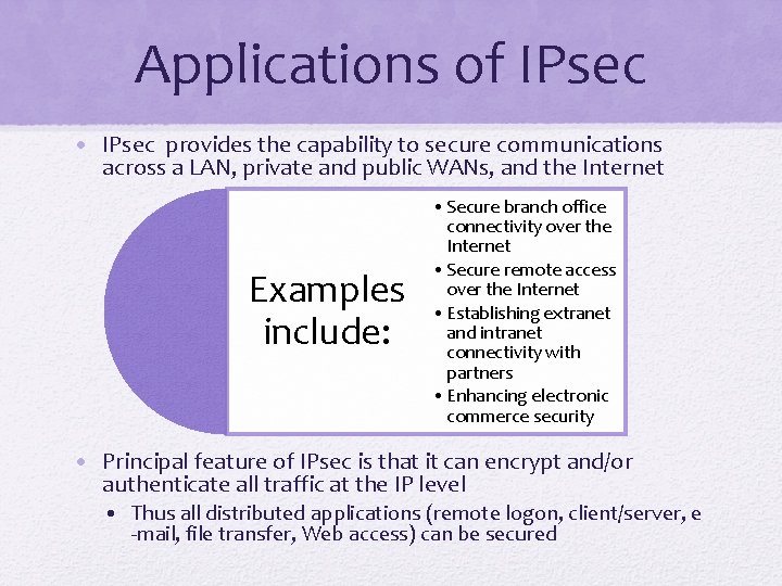 Applications of IPsec • IPsec provides the capability to secure communications across a LAN,