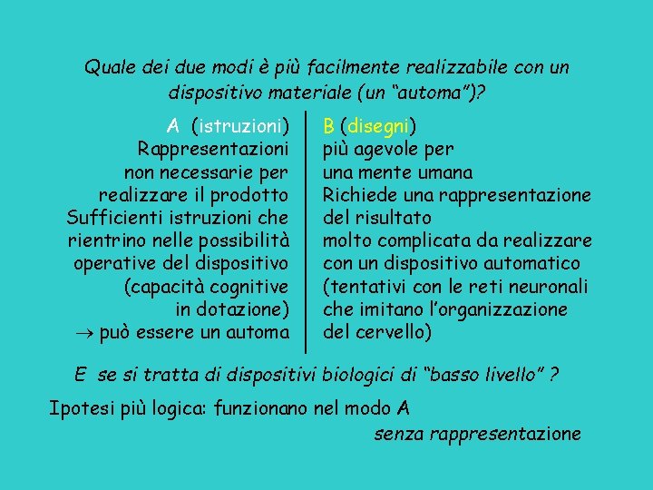 Quale dei due modi è più facilmente realizzabile con un dispositivo materiale (un “automa”)?