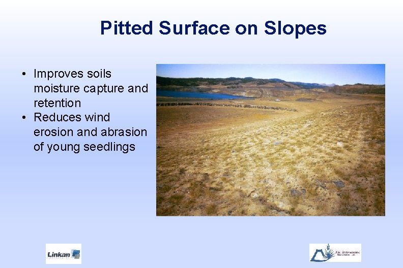 Pitted Surface on Slopes • Improves soils moisture capture and retention • Reduces wind