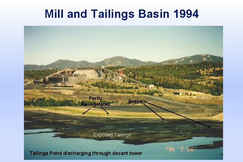 Mill and Tailings Basin 1994 Partly Revegetated Seeps Exposed Tailings Pond discharging through decant