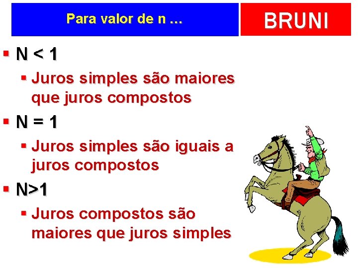 Para valor de n … §N<1 § Juros simples são maiores que juros compostos