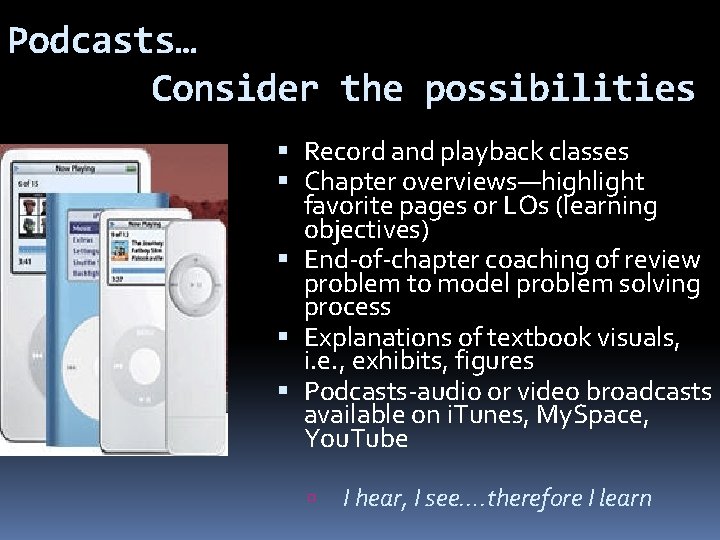 Podcasts… Consider the possibilities Record and playback classes Chapter overviews—highlight favorite pages or LOs