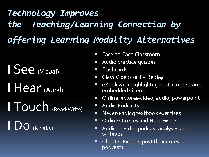 Technology Improves the Teaching/Learning Connection by offering Learning Modality Alternatives I See (Visual) I