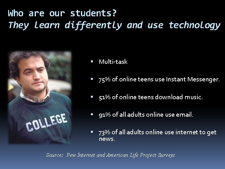 Who are our students? They learn differently and use technology Multi-task 75% of online