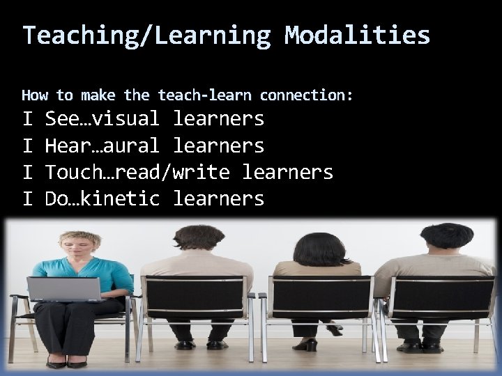 Teaching/Learning Modalities How to make the teach-learn connection: connection I I See…visual learners Hear…aural
