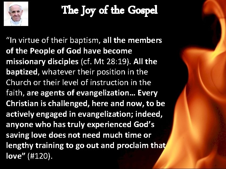 The Joy of the Gospel “In virtue of their baptism, all the members of