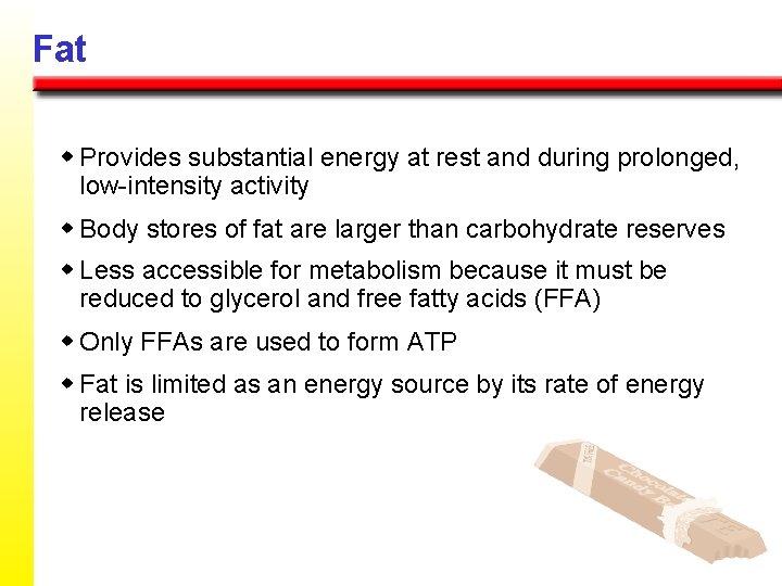 Fat w Provides substantial energy at rest and during prolonged, low-intensity activity w Body