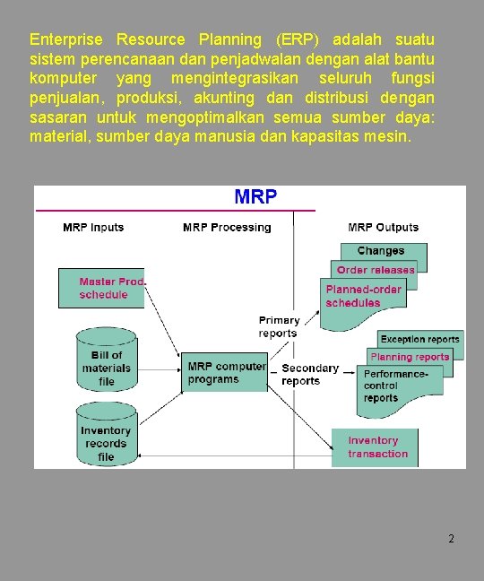 Enterprise Resource Planning (ERP) adalah suatu sistem perencanaan dan penjadwalan dengan alat bantu komputer