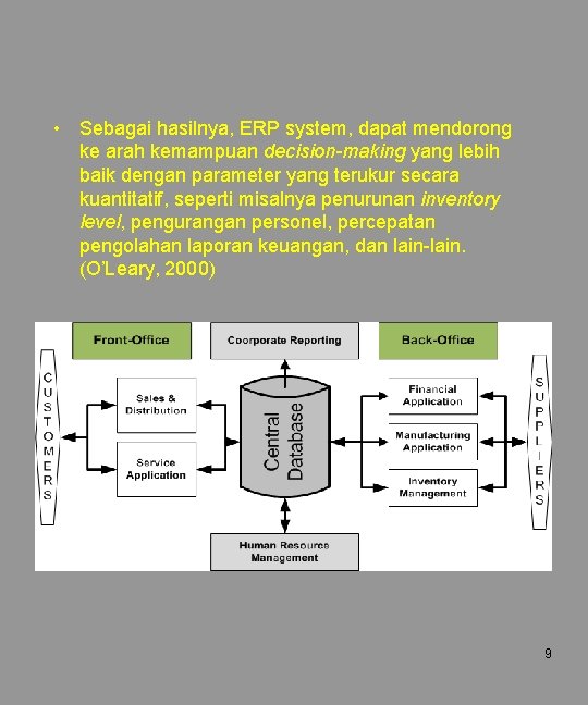  • Sebagai hasilnya, ERP system, dapat mendorong ke arah kemampuan decision-making yang lebih