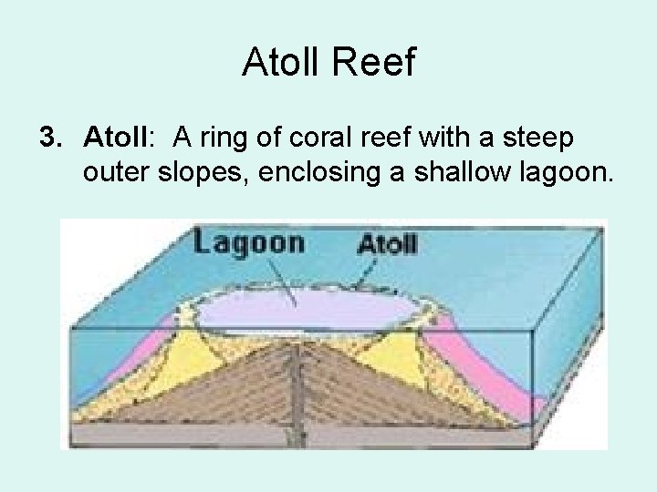 Atoll Reef 3. Atoll: A ring of coral reef with a steep outer slopes,